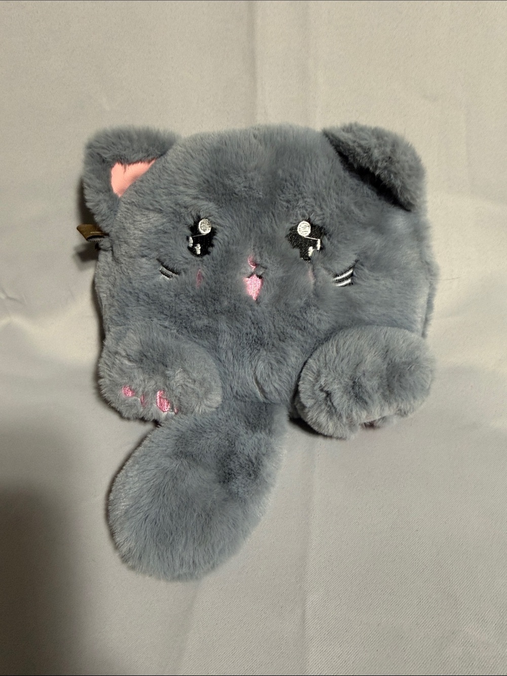 Gray Plush Kitty Wristlet Pouch with Pink Accent
